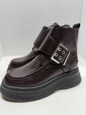 Ganni Monk Strap Chunky Creeper‎ Platform Ankle Boots Leather Boot Size 37 / 7